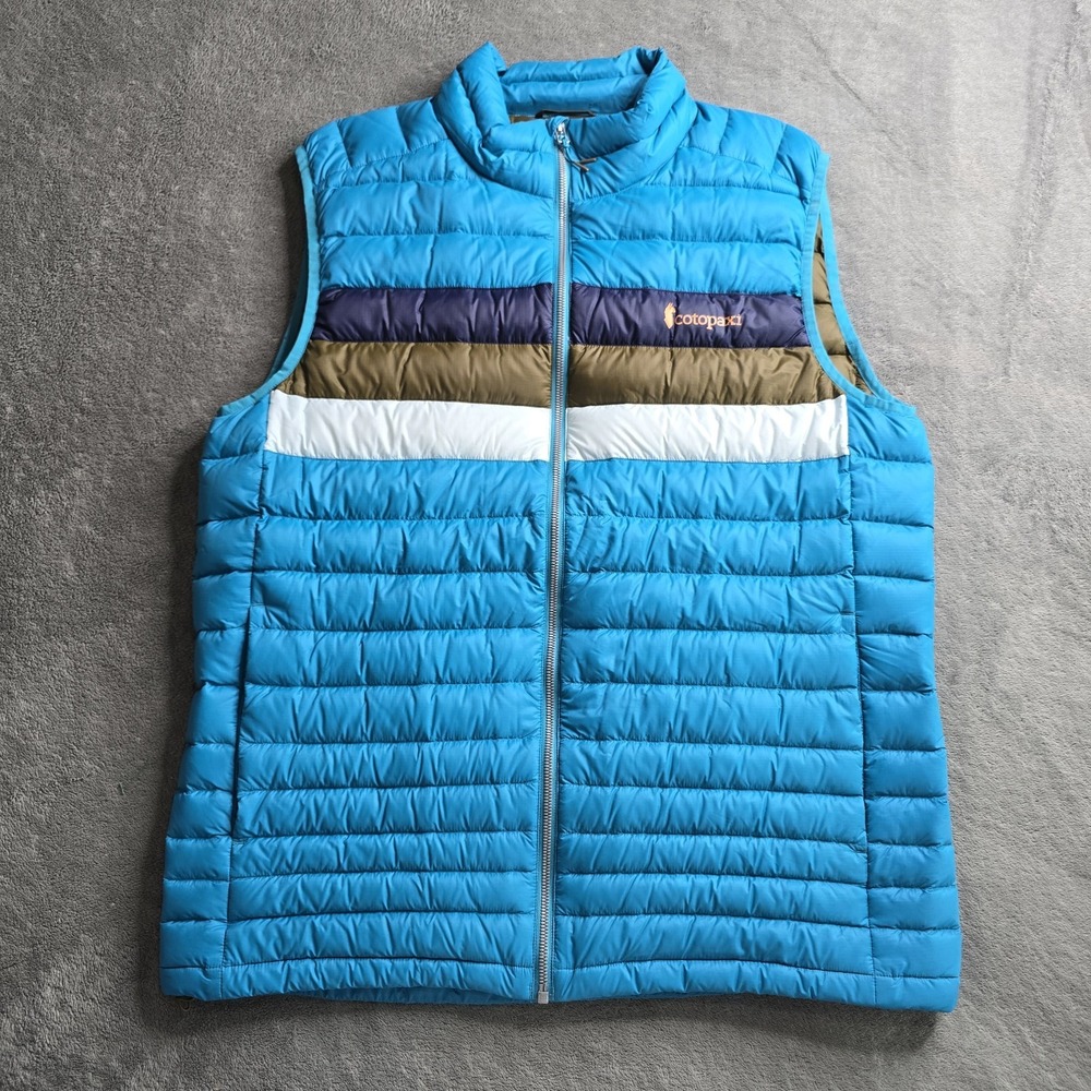 COTOPAXI Fuego Puffer Vest Down Feather Mens XXL Blue Striped Hiking Outdoors